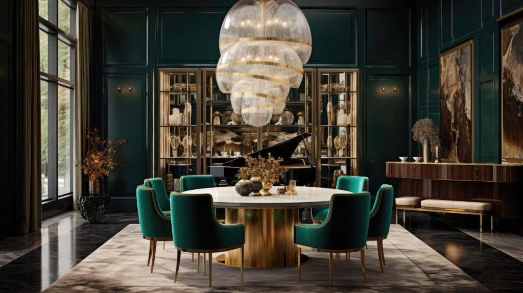 Art deco dining room, 2024 luxury real estate trends.